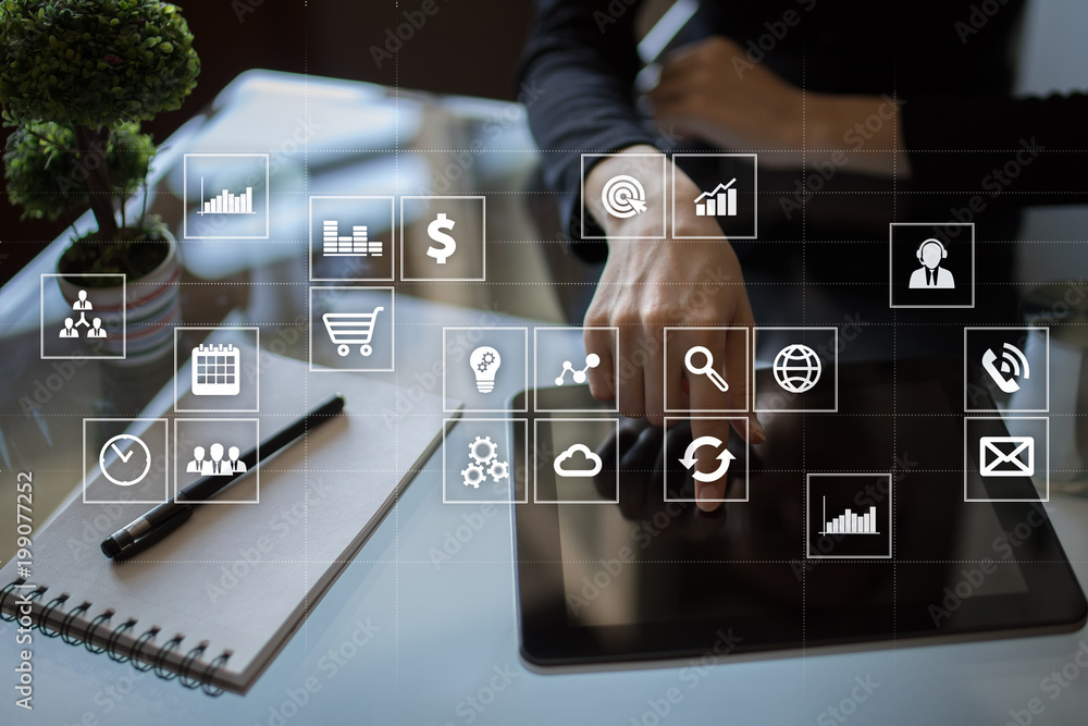 Poster virtual screen interface with applications icons. apps. strategy planning internet technology concep