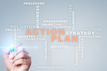 Action plan on the virtual screen. Business concept. Words cloud.