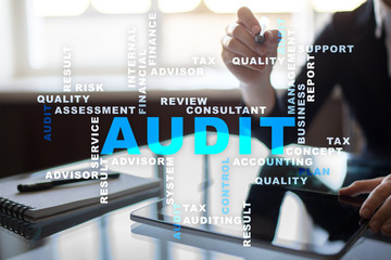Audit business concept. Auditor. Compliance. Virtual screen technology. Words cloud.