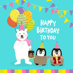 Happy birthday greeting card with cute polar bear and penguin. Vector illustration. Basic RGB.