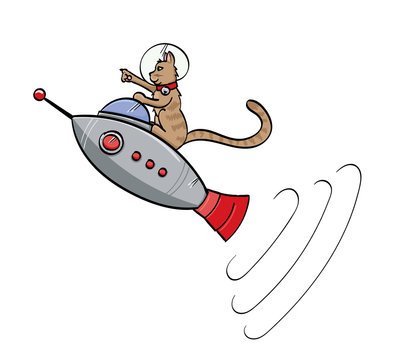 Brown Tabby Cat Riding a Retro Space Ship
