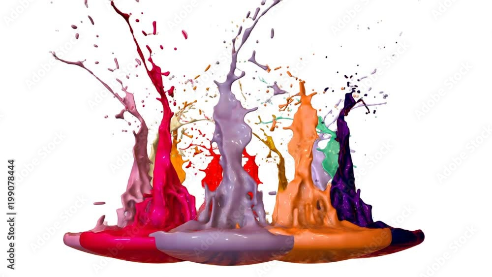Poster paints dance with time slowdown on white background. simulation of 3d splashes of ink on a musical s