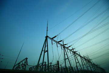 Pylon, high-voltage tower sky background.