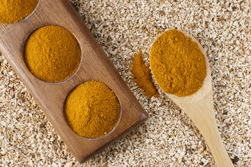Turmeric powder in spoon on wooden background
