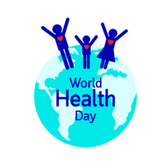 Globe with healthy family.  World health day concept. Illustration isolated on white background.