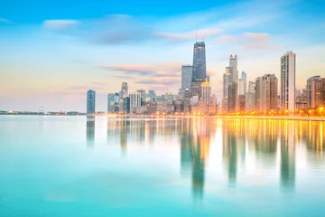 Deurstickers Chicago Downtown chicago skyline bij zonsondergang Illinois