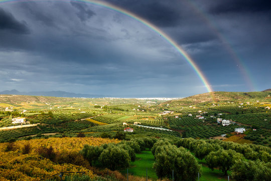 Double Rainbow and cultivated land, Greece