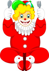 funny clown cartoon sitting bring fork and spoon with laughing