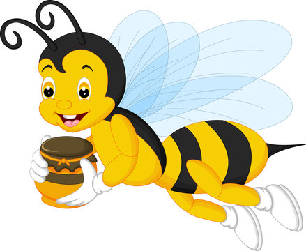 funny bee cartoon flying with smile and bring honey