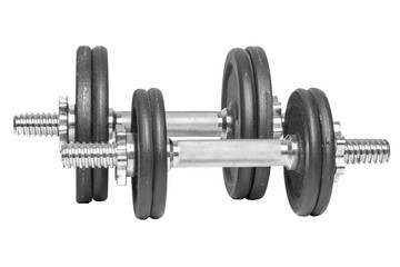 Fototapeta na wymiar Two different gym black metal dumbbells for fitness isolated on a white background