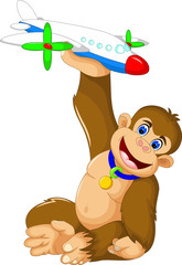 Obraz premium funny monkey cartoon play toy plane with smile and waving