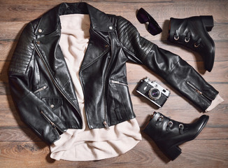 Top view of fashionable clothes set