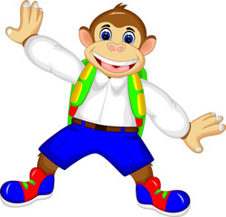 Naklejka premium cute monkey cartoon standing with smile and bring bag