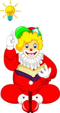 funny clown cartoon sitting with smile and reading book