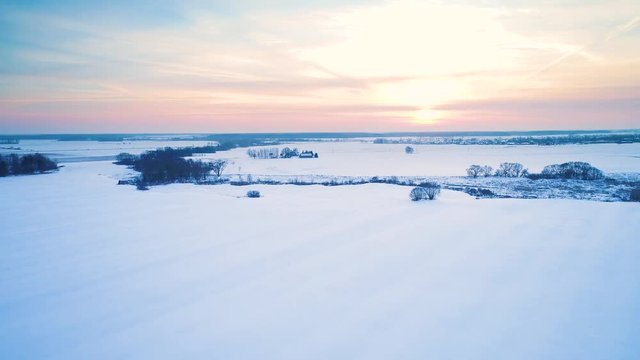 flight over filds in winter