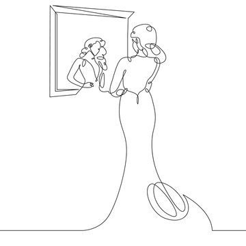 recommend clip art: Continuous single one drawn line women, women in evening dress costume worn in front of the mirror. The concept of fashion is make-up.