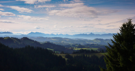 panoramic mountain landscape in high summer in the central Alps of Switzerland