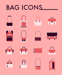 various pink woman bags. vector flat design illustration set 