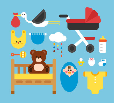baby stuff icons vector flat design illustration set 