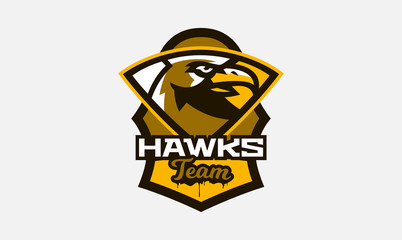 Colorful logo, sticker, emblem of a hawk head. Flying bird, hunter, predator, dangerous animal, shield, lettering. Mascot sports club, vector illustration