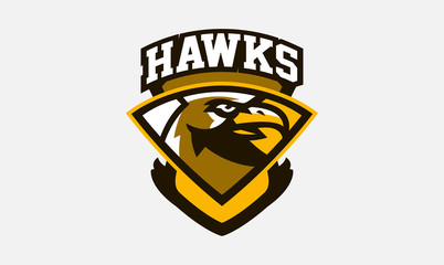 Colorful logo, sticker, emblem of a hawk head. Flying bird, hunter, predator, dangerous animal, shield, lettering. Mascot sports club, vector illustration