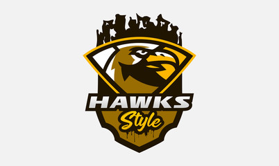 Colorful logo, sticker, emblem of a hawk head. Flying bird, hunter, predator, dangerous animal, shield, lettering. Mascot sports club, vector illustration