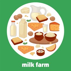Milk and dairy farm products vector poster for market shop or store