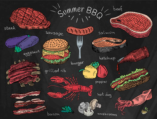 beautiful illustration summer bbq food, ribs, sausage, beef, steak, eggplant, burger, bacon, vegetables, herbs, mushroom, hot dog, lobster, calamari, ketchup, salmon, pepper on chalkboard background - 199084284