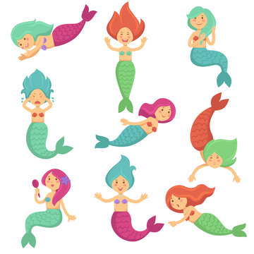 Mermaid cartoon funny cute characters vector isolated kid design icons set