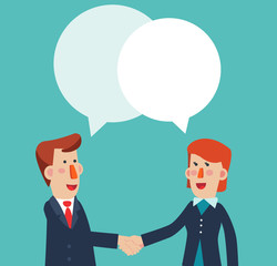 Successful and smiling business women and business man shake hands. Partnership, cooperation, international collaboration and teamwork in business vector concept