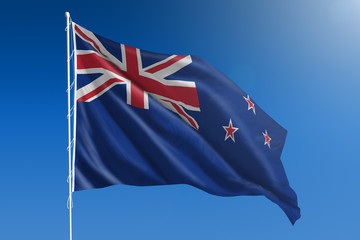 New Zealand flag in front of a clear blue sky