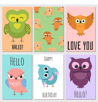 Kids cards with cute cartoon owl