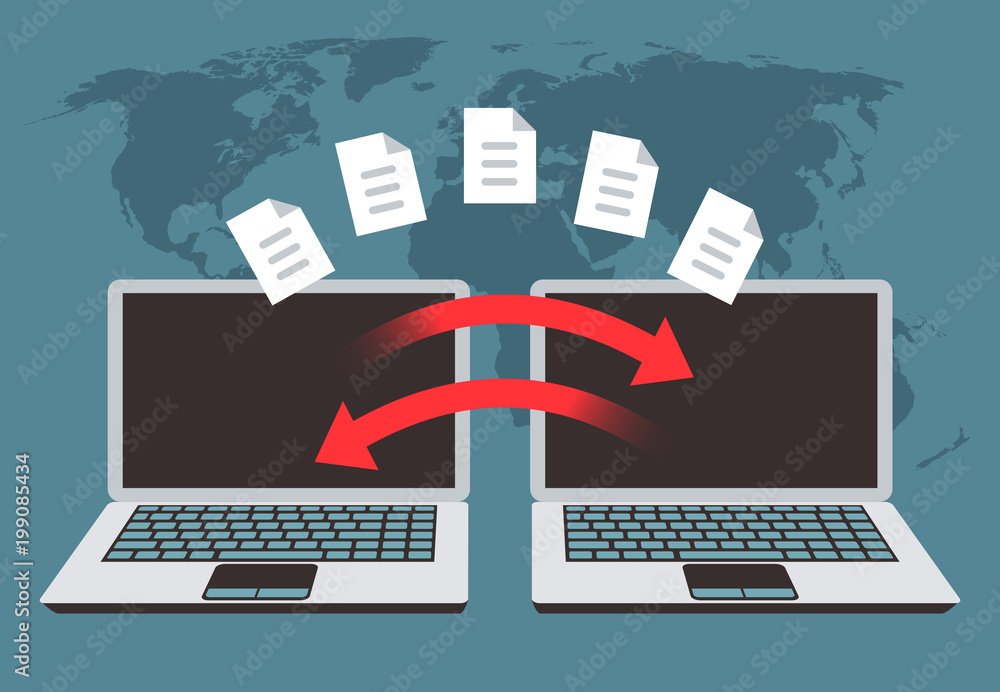 Poster information exchange between computers. file transfer, data management and backup files vector conce