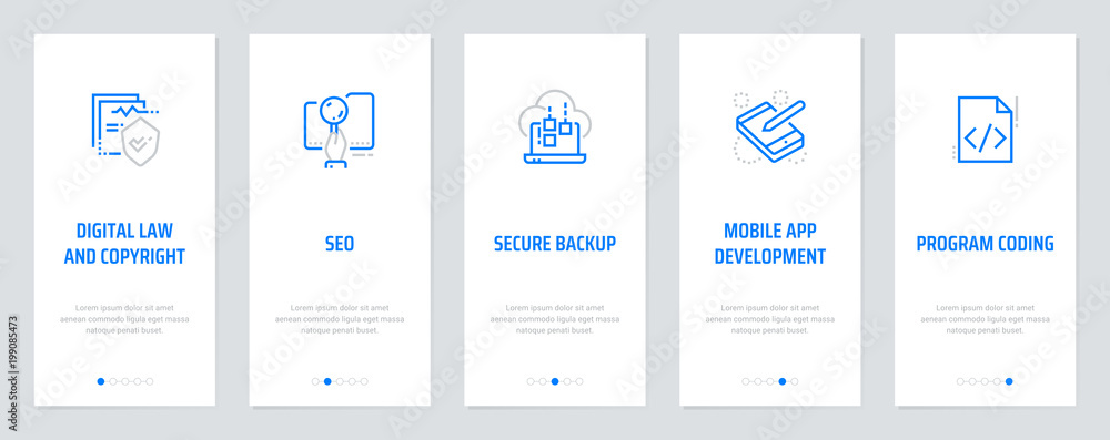 Poster digital law and copyright, seo, secure backup, mobile app development, program coding vertical cards