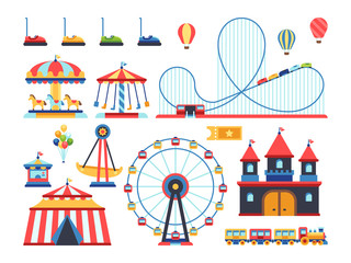 Naklejka premium Amusement park attractions. Train, ferris wheel, carousel and roller coaster flat vector icons