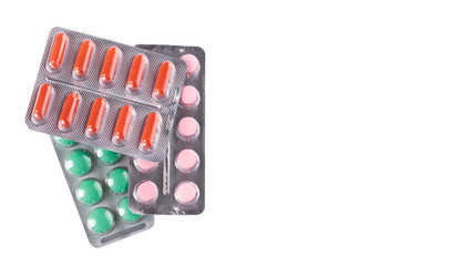 medical pills in blister isolated on white background. copy space, template
