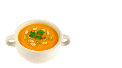 vitamin fresh pumpkin soup isolated on a white background, health food. copy space, template.