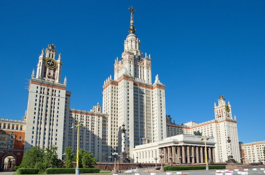 Main building of Moscow State University named after Lomonosov (MSU) on Lenin (Vorobyovy) mountains, Russia