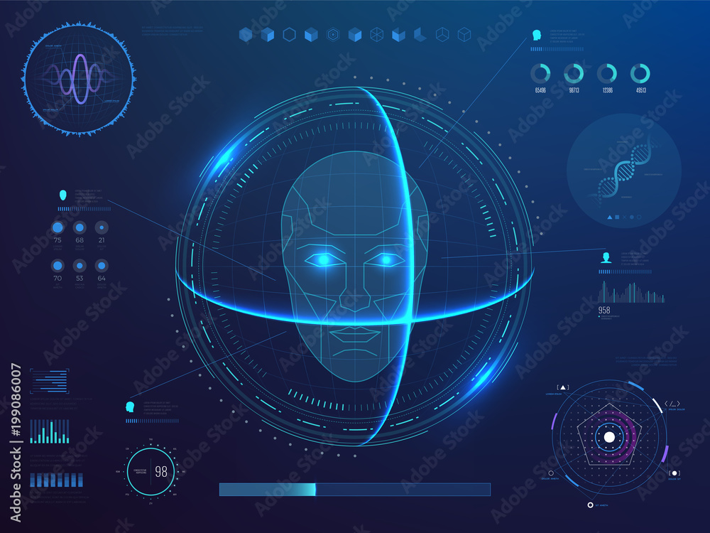 Poster biometrics digital face scanning, facial recognition software with hud interface, charts, diagram an