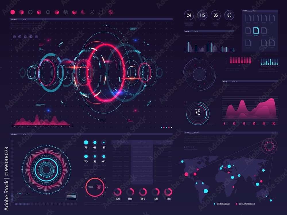 Poster futuristic hud digital touch screen display with visual data graphic, panels and chart vector infogr