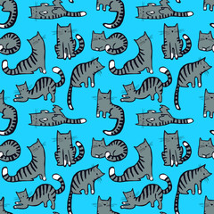 Cute cats seamless pattern. Background with hand drawn doodle kitty. Vector illustration