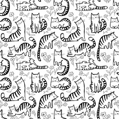 Cute cats seamless pattern. Background with hand drawn doodle kitty. Vector floral illustration