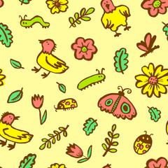 Seamless pattern with flowers and insects. Floral background with sketchy  butterfly, dragonfly, tulips