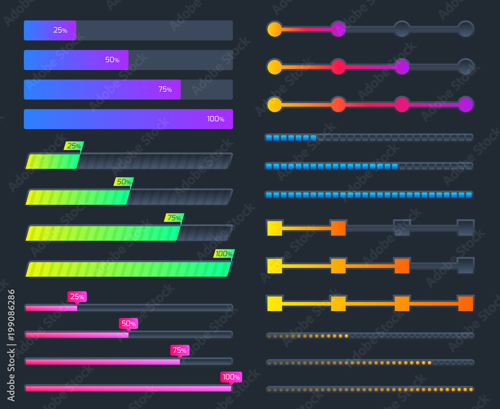 Poster downloading in progress hud interface elements. futuristic progress loading bars vector set isolated