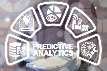 Predictive Analytics Web Big Data Industry 4.0. Smart Industrial Digital Information Analyzing concept. Worker offers predictive analytics text icon on a virtual screen.