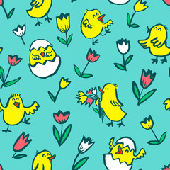 Easter background with chickens. Floral spring seamless pattern with Easter chick in egg and tulips.