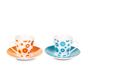 color cup and saucer isolated on white background. copy space, template