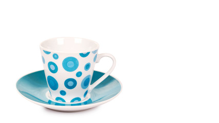 color cup and saucer isolated on white background. copy space, template