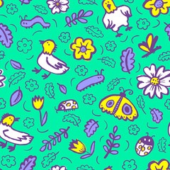 Naklejka na ściany i meble Seamless pattern with flowers and insects. Floral background with sketchy butterfly, dragonfly, tulips