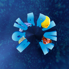 360 degree view of Word AQUARIUM with many tropical fish